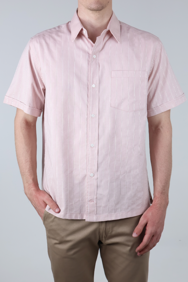 Camisa Hombre Manga Corta Palo de Rosa Rayas Verticales Casual Con Bolsillo